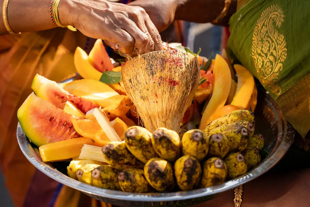 Fresh fruit arranged as an offering during a Hindu observance