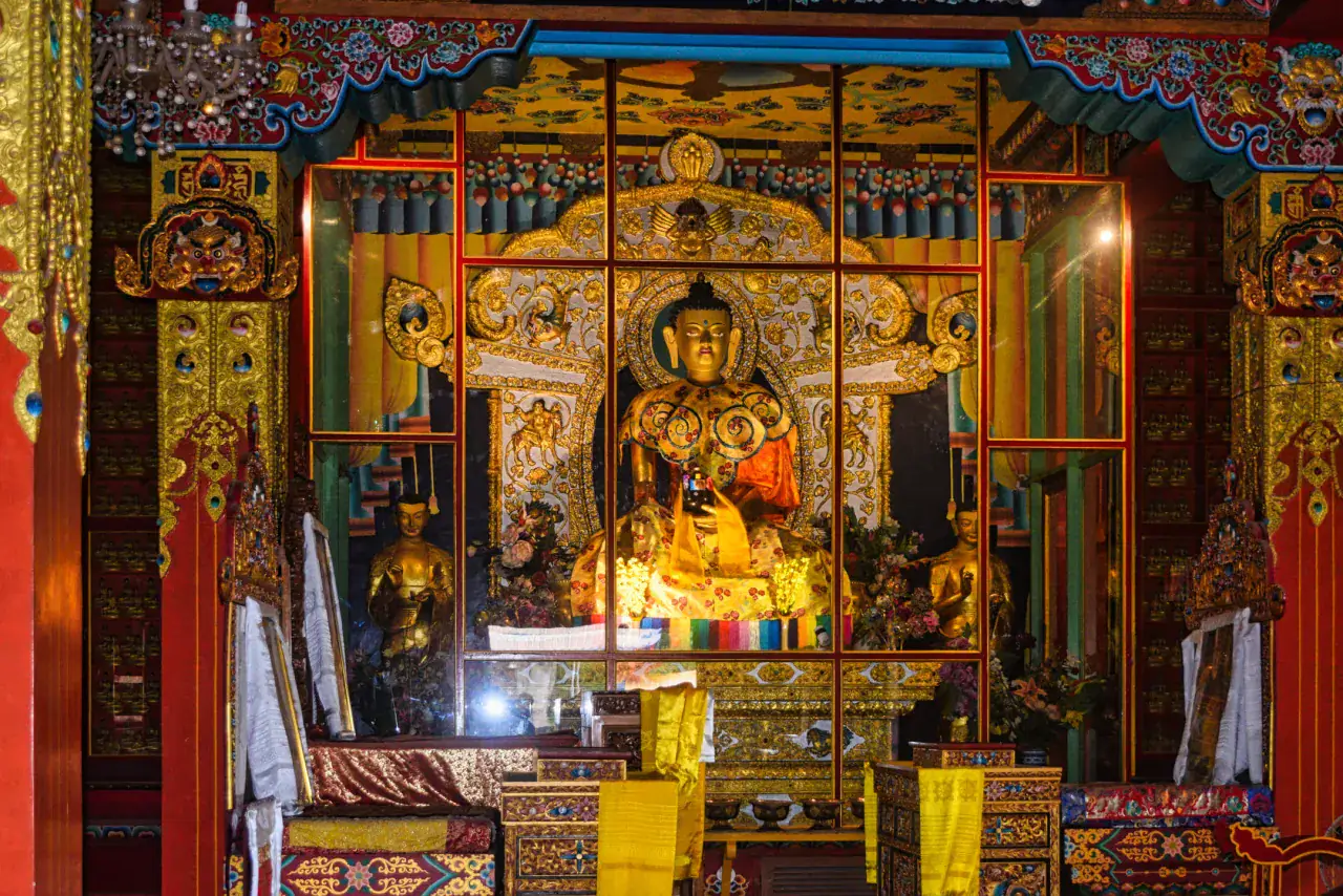 Ornate interior of the Royal Bhutan Monastery in Bodhgaya