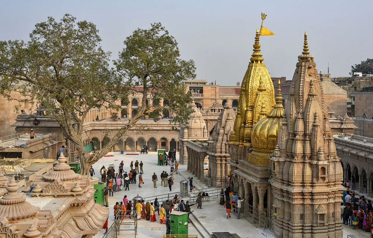 Golden temple spires and the Kashi Vishwanath corridor viewed from above