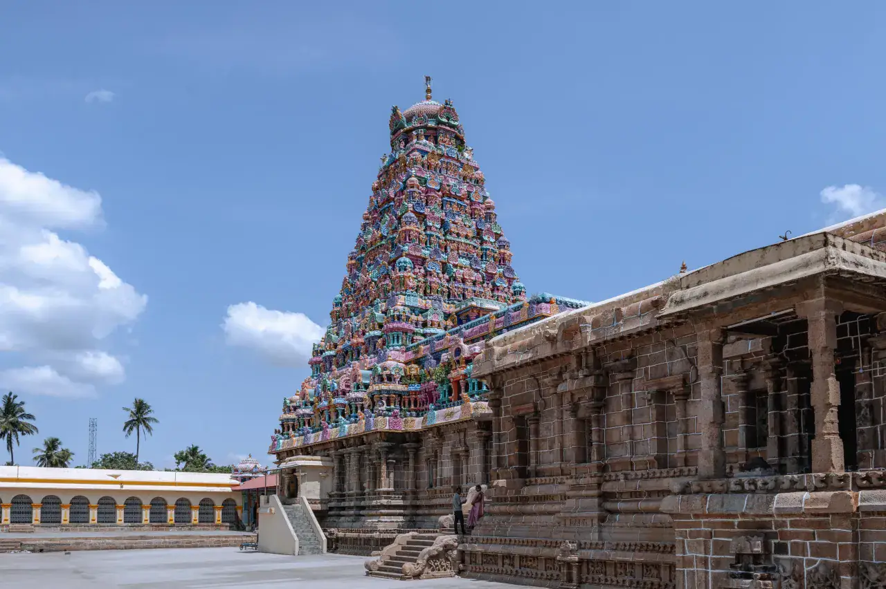 A colourful Dravidian temple gopuram in Tamil Nadu
