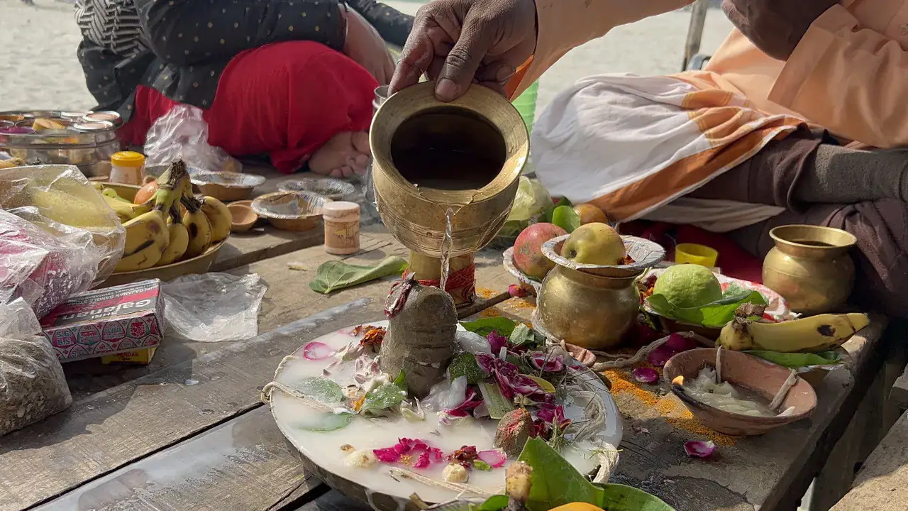 Ritual offerings arranged for a puja in Prayagraj