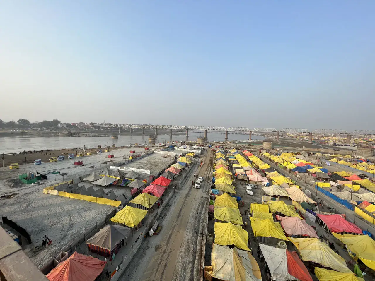 The seasonal pilgrimage tent city on the sands at Prayagraj