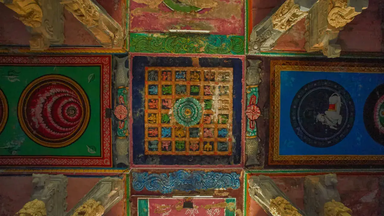 Painted architectural detail inside Ramanathaswamy Temple