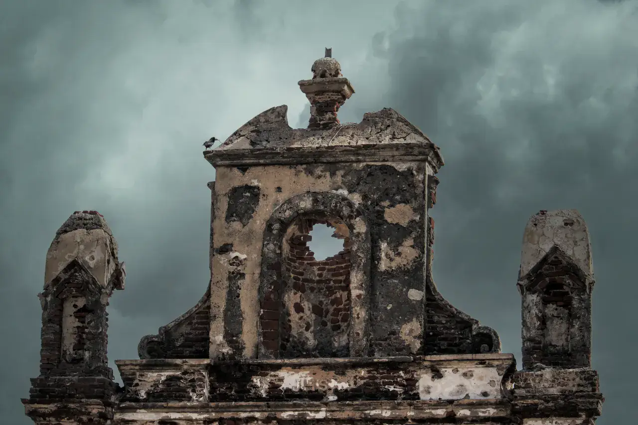 The weathered ruins of the old church at Dhanushkodi