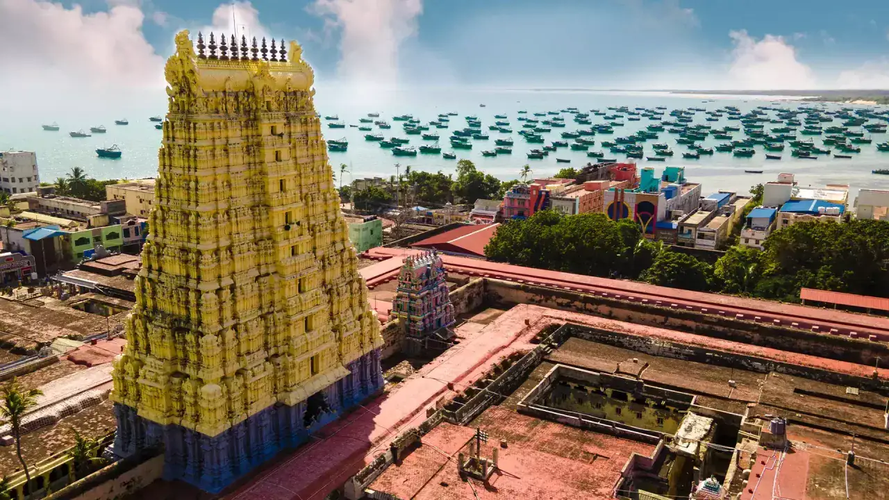 Aerial view of Ramanathaswamy Temple beside the Rameshwaram waterfront